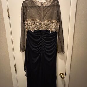 Xscape Navy Blue and Gold Long Sleeve Dress